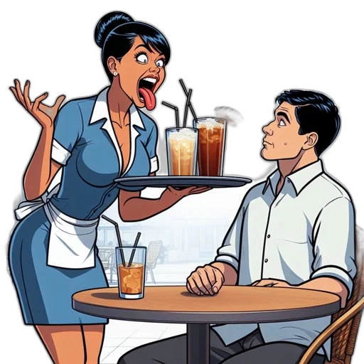 food, comic book art, cartoon, concept art, neon lights, city street, sunset, waitress transparent PNG cut-out