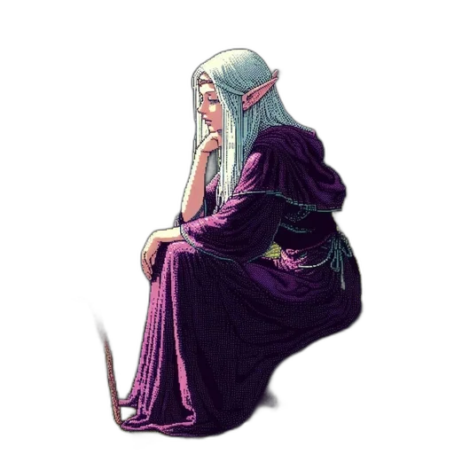 dress, staff, crown, face, concept art, fantasy art, pixel art, watercolor transparent PNG cut-out