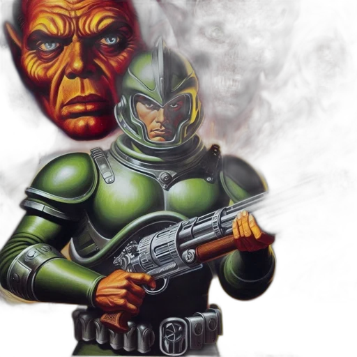 concept art, comic book art, outer space, character, green, armor, holds, large transparent PNG cut-out