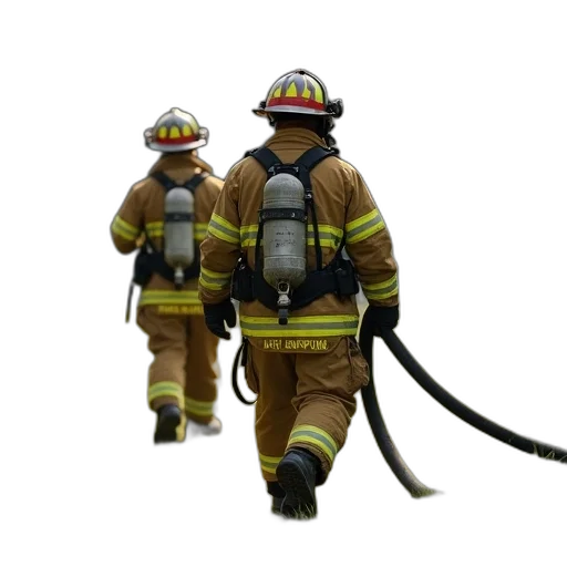staff, mask, weapon, fire, firefighter, full, gear, walking transparent PNG cut-out