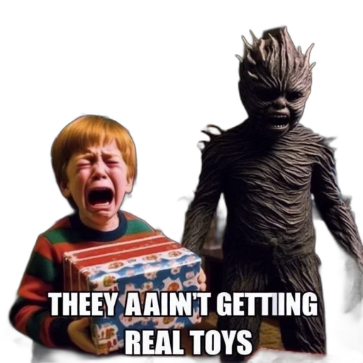 creature, comical, movie, scene, sobbing, child, holds, wrapped transparent PNG cut-out