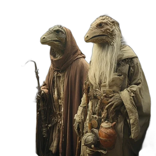 mask, staff, concept art, 3d render, earth tones, two, anthropomorphic, lizard transparent PNG cut-out