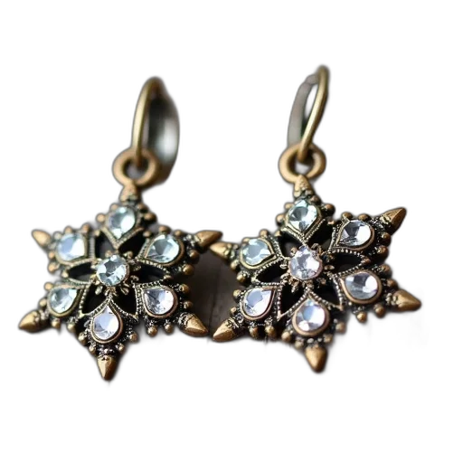 jewelry, crown, pair, antique, earrings, snowflake, design, displayed transparent PNG cut-out
