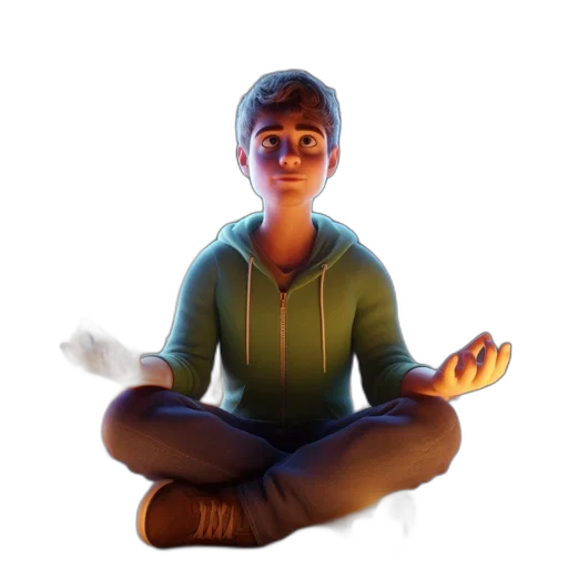 3d render, concept art, cartoon, photorealistic, young, man, meditates, surrounded transparent PNG cut-out