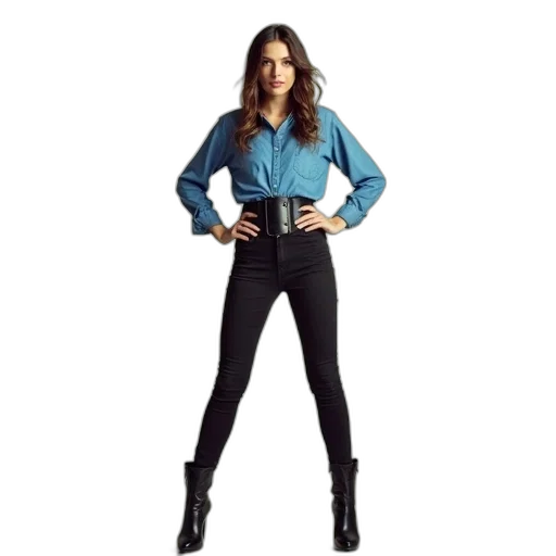 jacket, staff, blue, woman, standing, studio, plain, background transparent PNG cut-out