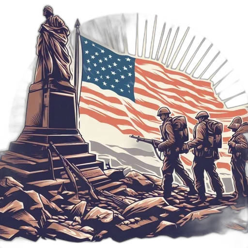 concept art, american, flag, flutters, beside, monumental, statue, while transparent PNG cut-out