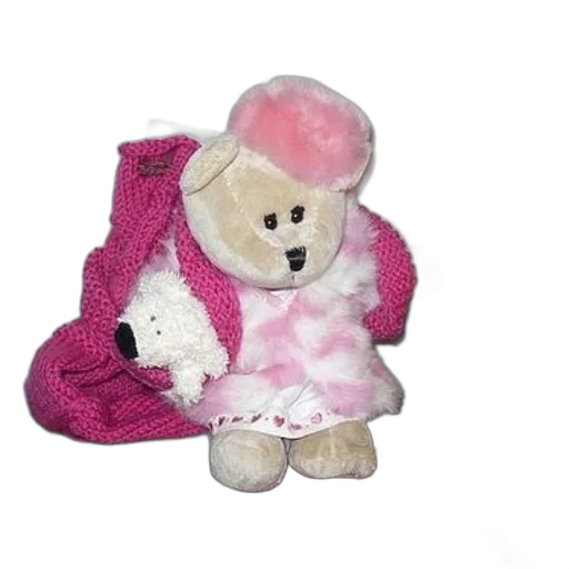 jacket, stuffed, animal, pink, hat, scarf, sits, striped transparent PNG cut-out