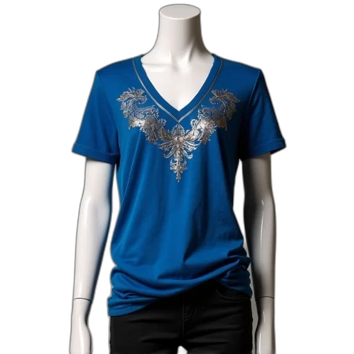 blue, mannequin, wearing, t-shirt, gold, embroidery, front, has transparent PNG cut-out