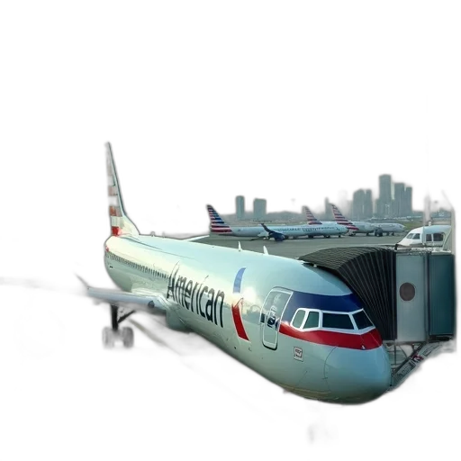 3d render, photorealistic, concept art, fleet, american, airlines, airplanes, parked transparent PNG cut-out