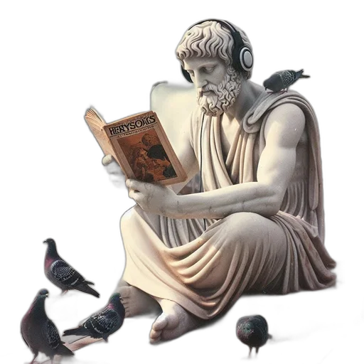 fantasy art, concept art, vaporwave, photorealistic, fire, statue, man, reading transparent PNG cut-out