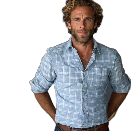 jacket, hair, man, curly, beard, stands, front, rustic transparent PNG cut-out