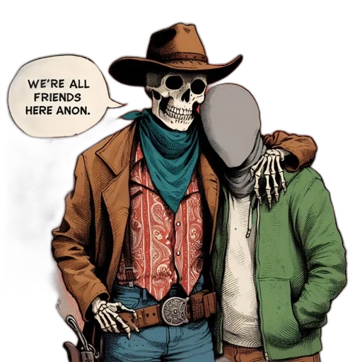 jacket, mask, hat, comic book art, concept art, two, skeletal, figures transparent PNG cut-out