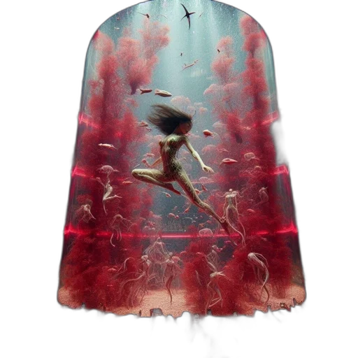 dress, umbrella, jacket, bottle, concept art, fantasy art, 3d render, underwater transparent PNG cut-out