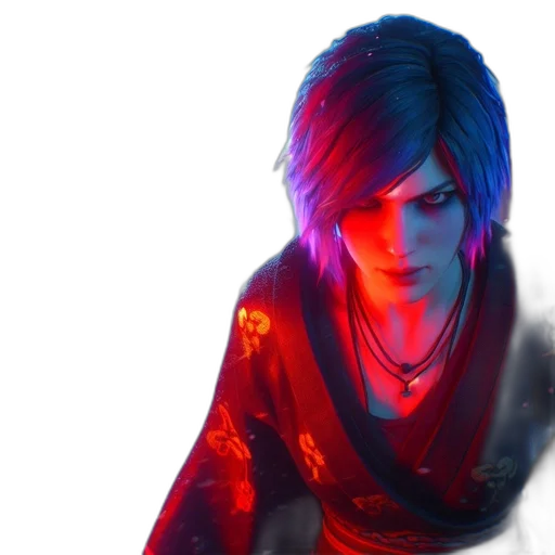 face, jacket, staff, dress, cyberpunk, concept art, 3d render, photorealistic transparent PNG cut-out
