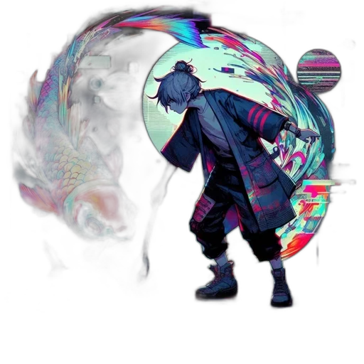 umbrella, mask, jacket, staff, cyberpunk, concept art, fantasy art, vaporwave transparent PNG cut-out