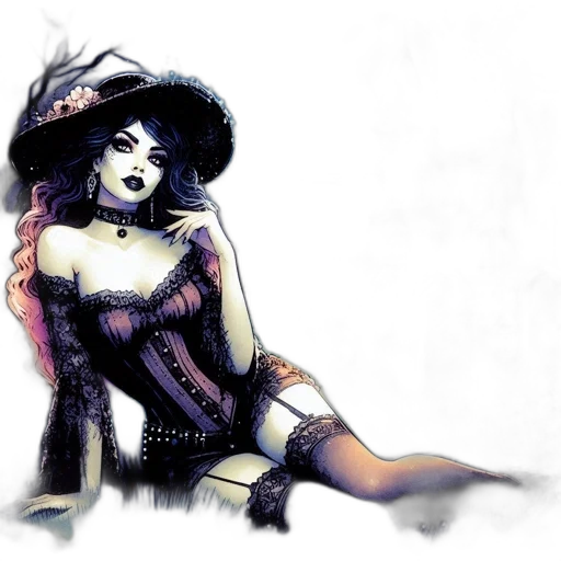 dress, hat, comic book art, fantasy art, concept art, watercolor, neon lights, dark transparent PNG cut-out