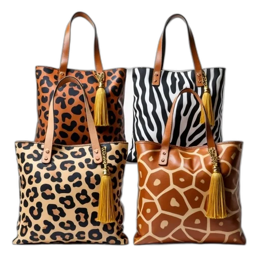 earth tones, collection, four, tote, bags, different, animal, print transparent PNG cut-out