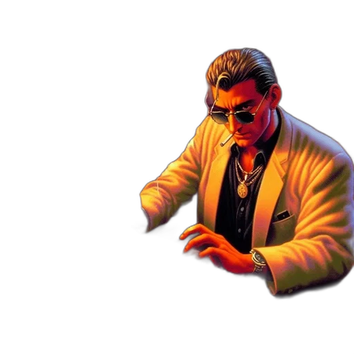 jacket, staff, robot, pixel art, 3d render, vaporwave, cyberpunk, neon lights transparent PNG cut-out