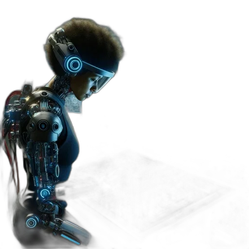 robot, 3d render, cyberpunk, concept art, comic book art, blue, futuristic, workshop transparent PNG cut-out