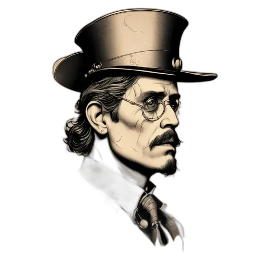 hat, staff, face, concept art, comic book art, photorealistic, pixel art, monochromatic transparent PNG cut-out