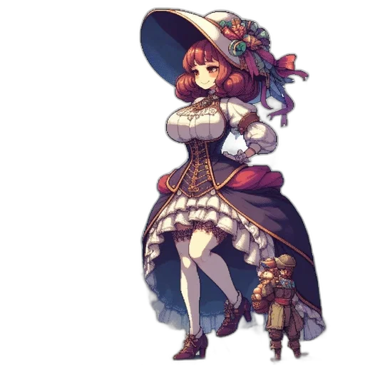dress, staff, hat, weapon, concept art, fantasy art, pixel art, anime transparent PNG cut-out