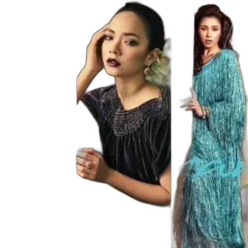 dress, jewelry, photorealistic, green, dark, earth tones, blue, three transparent PNG cut-out
