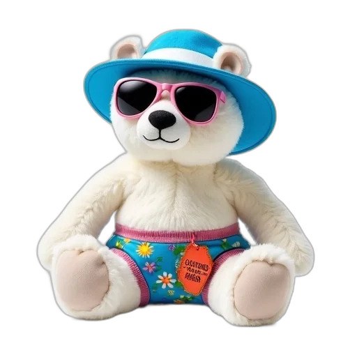 vaporwave, 3d render, plush, toy, polar, bear, wearing, blue transparent PNG cut-out