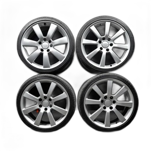 car, set, four, shiny, new-looking, wheels, displayed, against transparent PNG cut-out