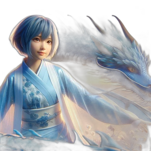 dragon, fantasy art, concept art, photorealistic, 3d render, blue, young, woman transparent PNG cut-out