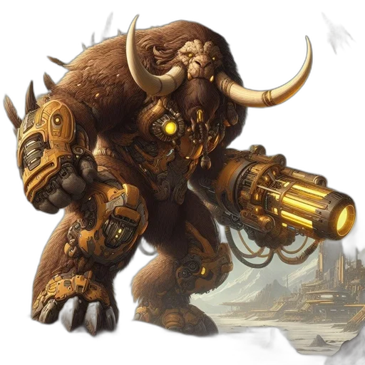 weapon, robot, staff, concept art, fantasy art, massive, mechano-organic, bison-like transparent PNG cut-out