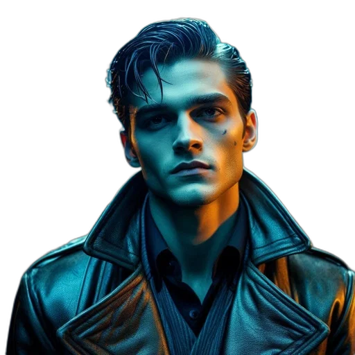 jacket, face, photorealistic, cyberpunk, concept art, comic book art, neon lights, dark transparent PNG cut-out
