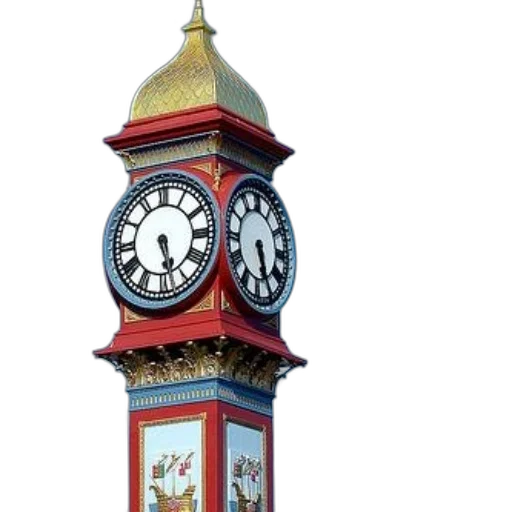 building, 3d render, photorealistic, vibrant, clock, tower, red, gold transparent PNG cut-out