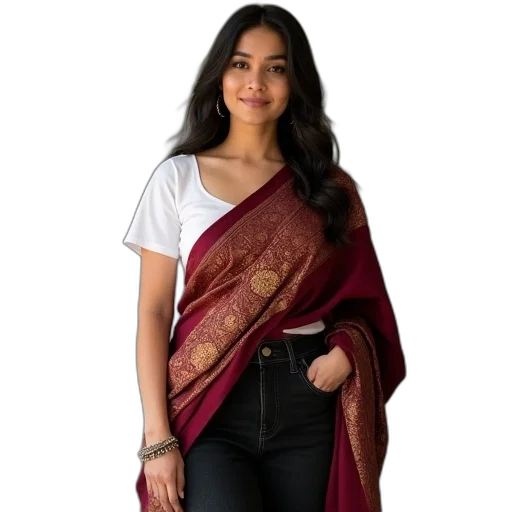 jacket, girl, maroon, gold, sari, white, top, black transparent PNG cut-out