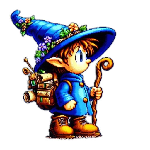 staff, hat, weapon, pixel art, concept art, fantasy art, 3d render, blue transparent PNG cut-out