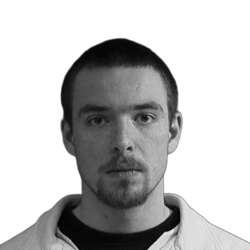 staff, face, jacket, robot, photorealistic, black-and-white, portrait, man transparent PNG cut-out
