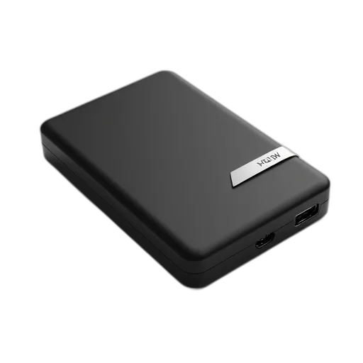 3d render, black, rectangular-shaped, external, hard, drive, silver, brand transparent PNG cut-out