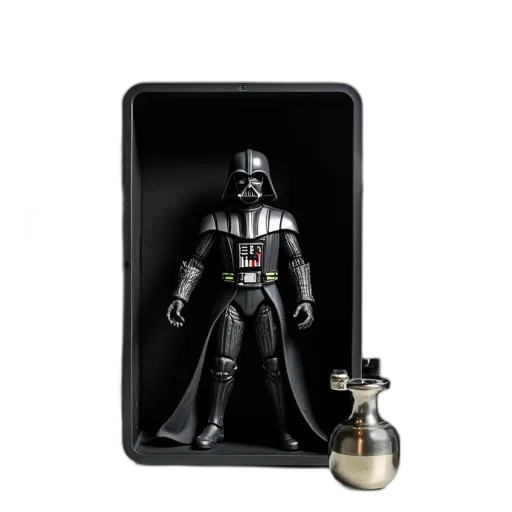black, darth, vader, action, figure, sitting, case, mesh transparent PNG cut-out