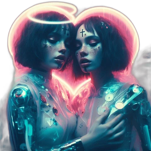robot, jewelry, dress, cyberpunk, concept art, fantasy art, comic book art, neon lights transparent PNG cut-out