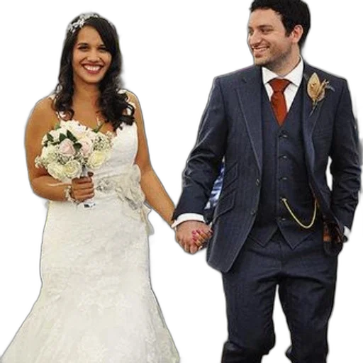 dress, bride, white, holds, hands, groom, suit, tie transparent PNG cut-out