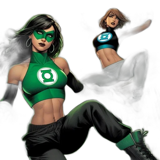 comic book art, concept art, fantasy art, photorealistic, green, two, female, superhero transparent PNG cut-out