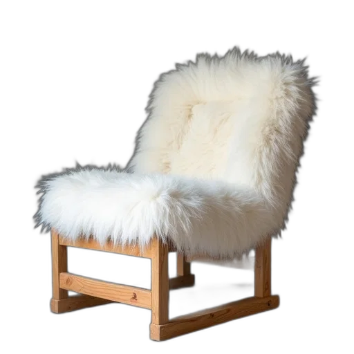 furniture, 3d render, wooden, chair, white, sheep, fur, upholstered transparent PNG cut-out