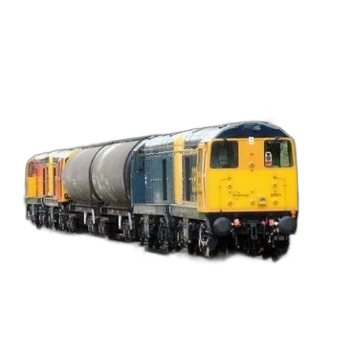 photorealistic, yellow, train, blue, orange, cars, tracks, surrounded transparent PNG cut-out