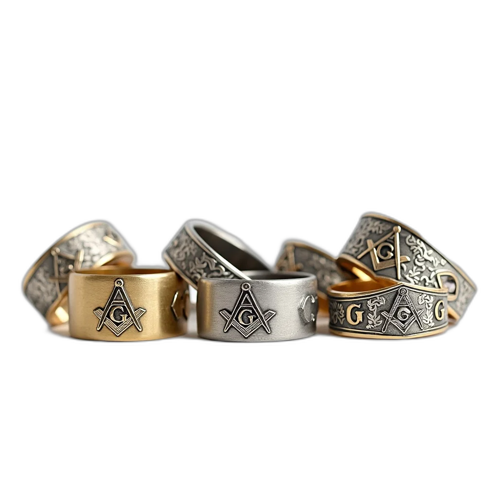 jewelry, crown, 3d render, collection, masonic, rings, displayed, white transparent PNG cut-out