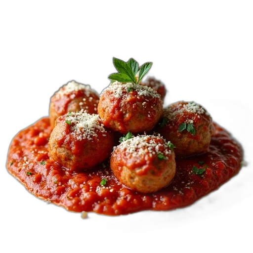 food, photorealistic, 3d render, plate, meatballs, smothered, rich, tomato transparent PNG cut-out