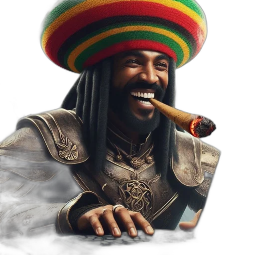 hat, staff, photorealistic, concept art, fantasy art, man, armor, rastafarian transparent PNG cut-out