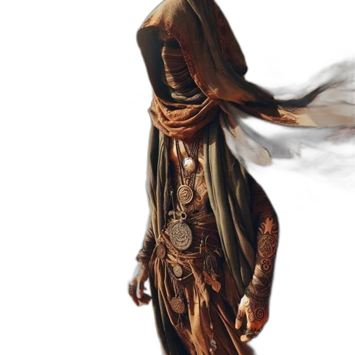 mask, dress, staff, creature, concept art, fantasy art, photorealistic, 3d render transparent PNG cut-out