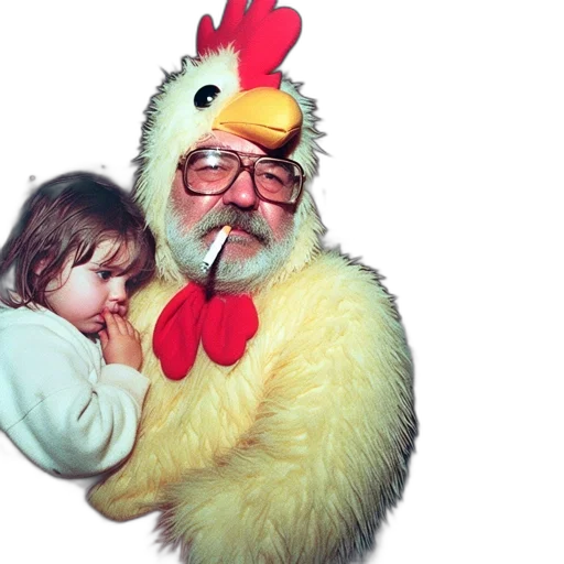 animal, man, large, chicken, suit, smokes, holds, child transparent PNG cut-out