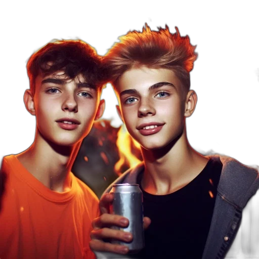 photorealistic, concept art, fire, neon lights, two, young, men, stand transparent PNG cut-out