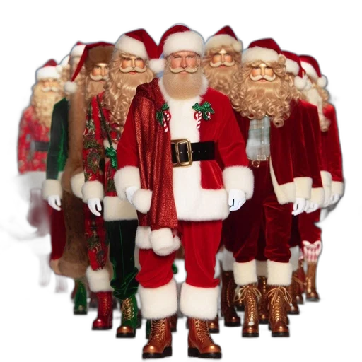 3d render, ensemble, santa, claus, impersonators, strut, down, runway transparent PNG cut-out