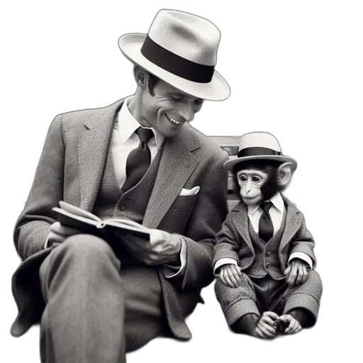 hat, comic book art, concept art, cartoon, photorealistic, man, monkey, both transparent PNG cut-out